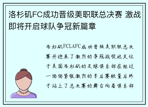 洛杉矶FC成功晋级美职联总决赛 激战即将开启球队争冠新篇章